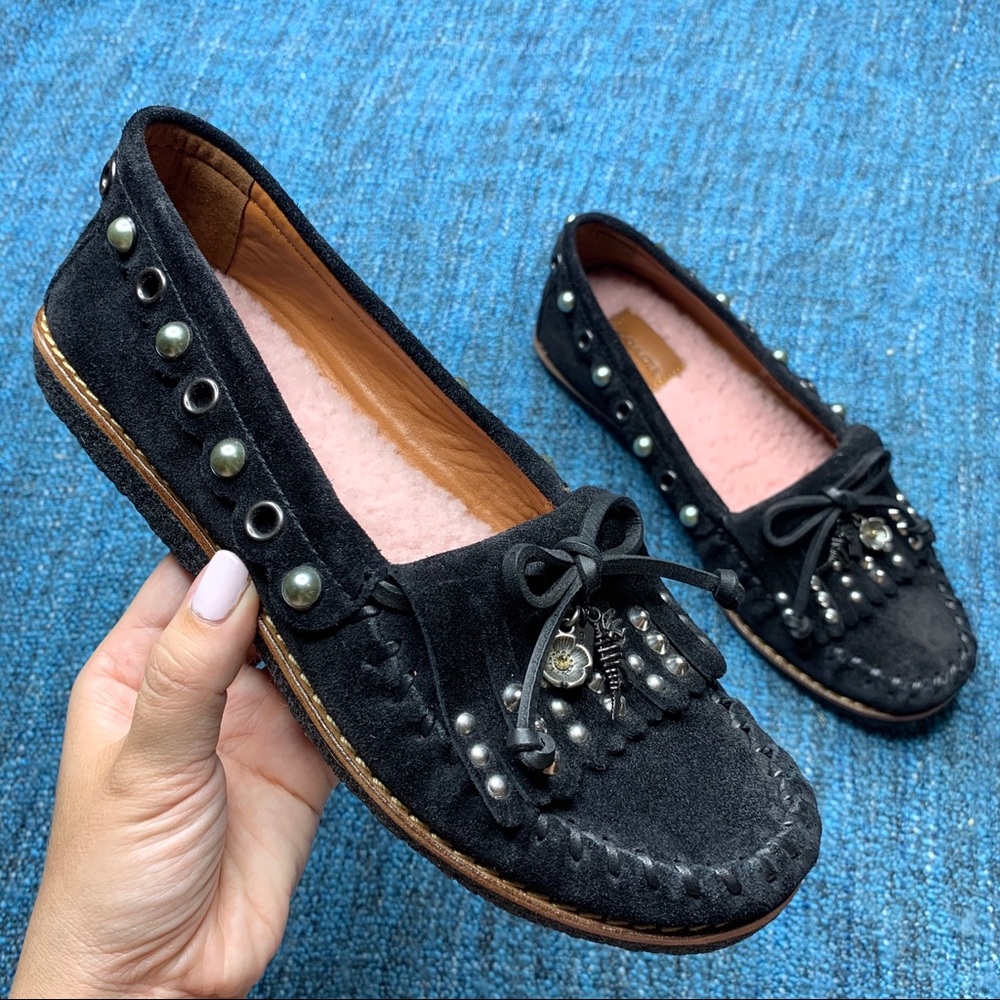 Coach Roccasin Slip On Sherpa Lined Moccasins in Black Pink Women's 6 Dino Charm